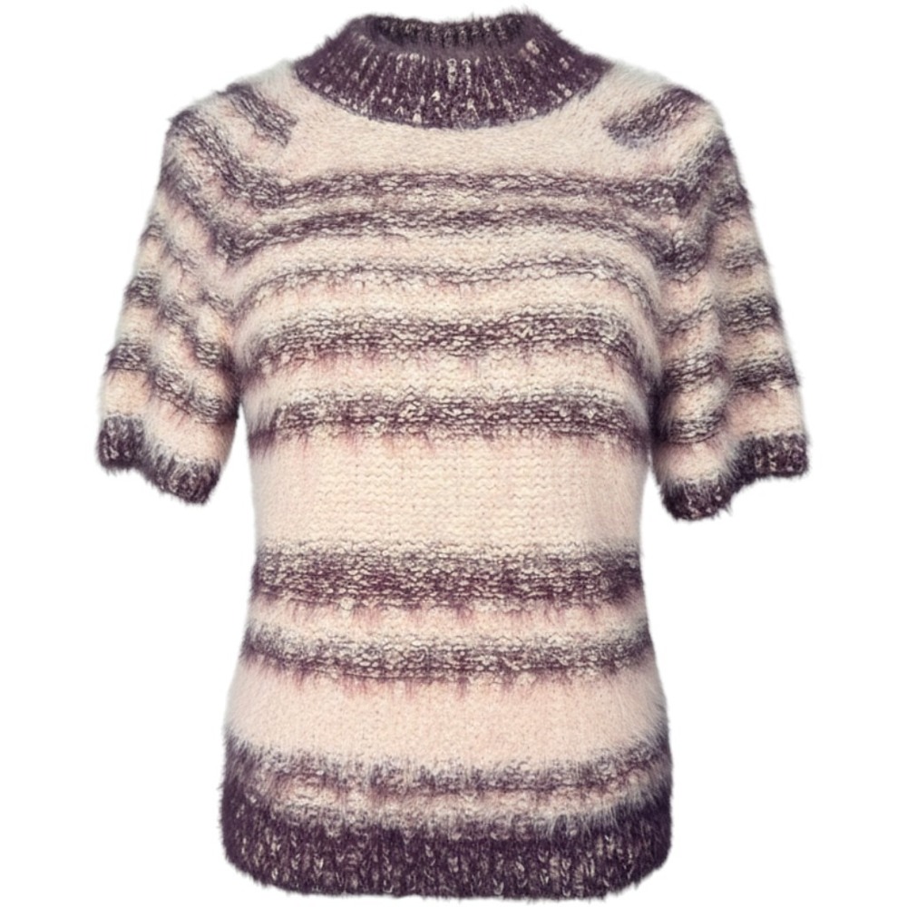 Anthropologie Pilcro Pink Purple Striped Fuzzy Knit Short Sleeve Sweater Large